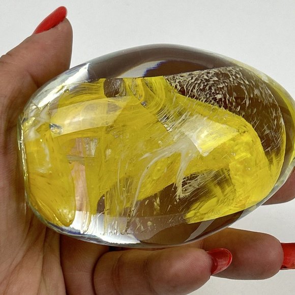 Anthony Tony DePalma Wheaton Vintage Yellow Swirl Egg Shaped Signed Paper Weight - Picture 5 of 8